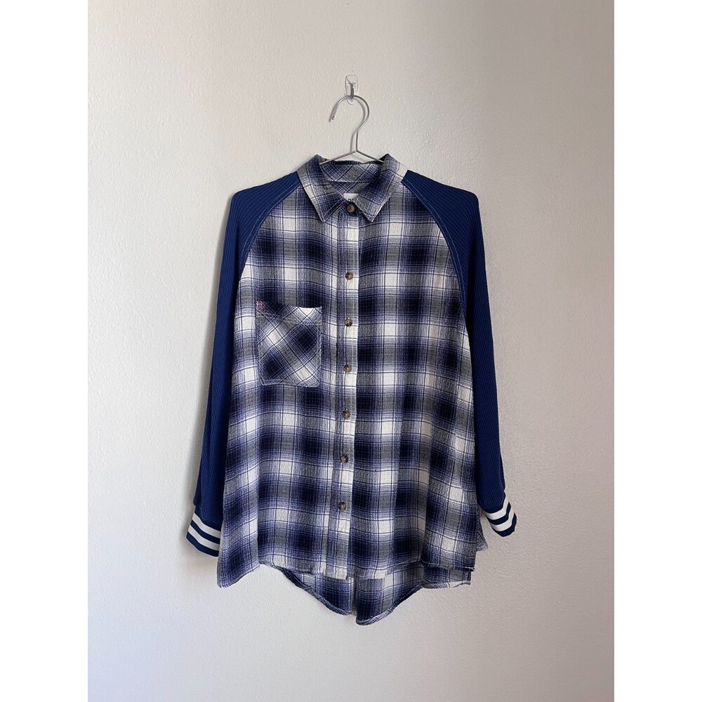 BDG Keanu Varsity Flannel Shirt in Blue/White Size SMALL
